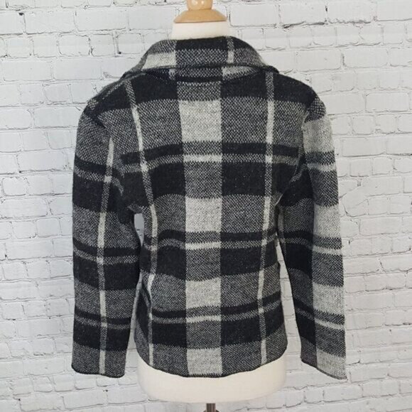 Black White Plaid Gray Belted Short Shawl Collar Jacket S - Picture 4 of 5